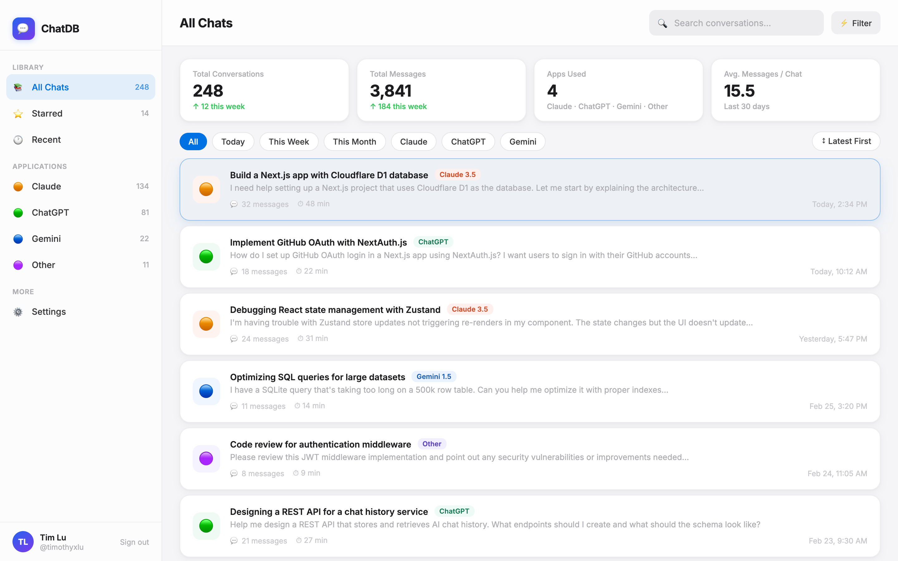 ChatDB chat list screenshot